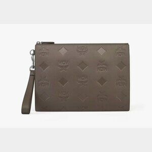 MCM Aren Wristlet Zip Pouch In Maxi Monogram Leather